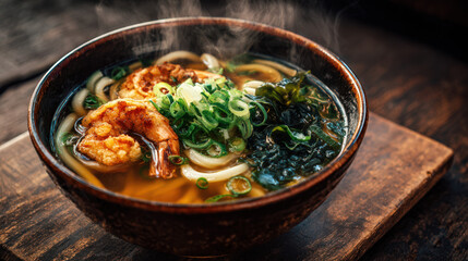 Delicious shrimp ramen bowl japan food photography cozy restaurant close-up culinary delight
