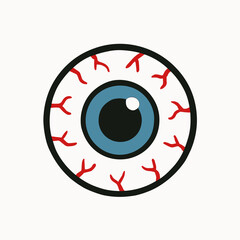 Cartoon eye illustration with blue iris and red blood vessels on a white background for halloween