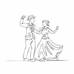Fototapeta premium Elegant one line art illustration of a couple dancing joyfully in vintage attire with a man in a hat and a woman in a flowing dress.