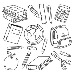 Hand-drawn doodle style illustration of essential school supplies including books, backpack, globe, pencils, scissors, apple, and calculator. Perfect for education related designs.