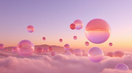 Ethereal Bubbles Floating Above Soft Pink Clouds at Sunrise