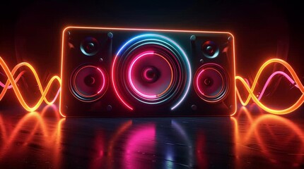 Vibrant audio speaker with illuminated neon lights, surrounded by colorful sound waves, creating a dynamic atmosphere for music lovers and audio enthusiasts in a modern setting
