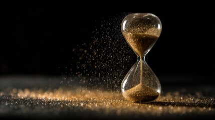 Elegant hourglass with golden sand flowing against dark backdrop