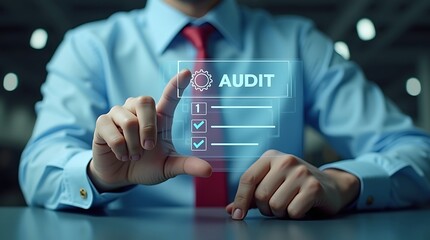 Businessman conducting an audit with laptop and digital interface