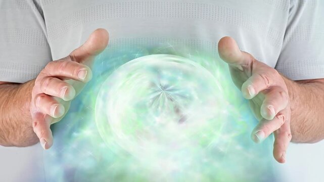 Male healer working with Heart Chakra energy between his hands