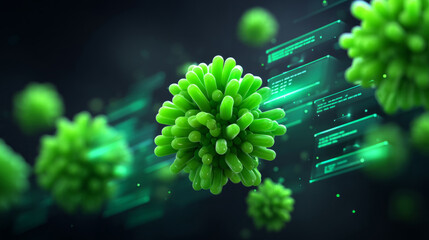 Green glowing digital virus particles floating in cyberspace