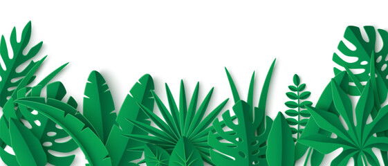 Tropical 3d paper cut green leaves, exotic plants border, floral banner poster. Tropic forest card design. Leaf greenery, lush garden pattern. Vector illustration. Jungle summer rainforest background. © kotoffei