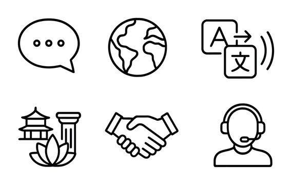 Multicultural Icon Set. Outline icon set of multicultural communication: language bubble, global map,