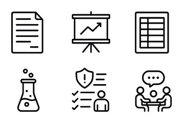 Chemistry Teacher Tools Icons. Outline icon set of chemistry teacher tools: syllabus sheet, lecture slide, lab