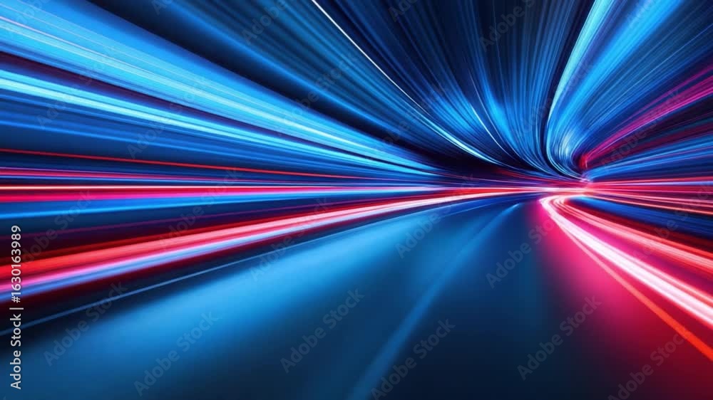 Wall mural abstract light trails in blue and red colors representing motion and speed on a dark background 4k v