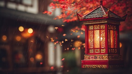 Red lantern with golden patterns glowing in traditional courtyard, autumn maple bokeh creating festive National Day mood