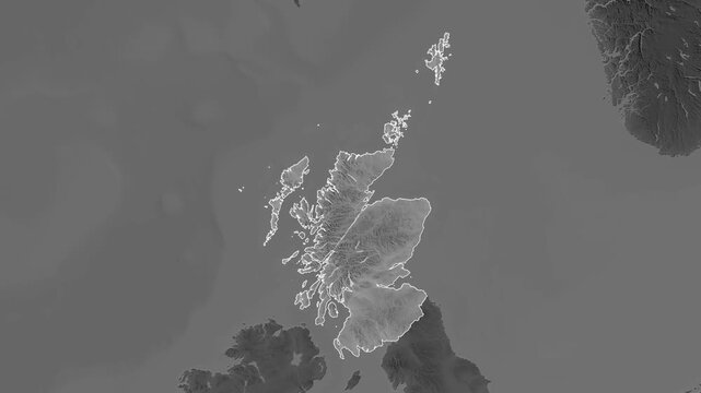 Scotland - Great Britain on the map. Zoom and highlight of the area on a grayscale map