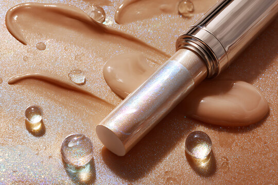 Luxury concealer stick with shimmering iridescence and water droplets on neutral foundation swatch provides flawless coverage and radiant finish