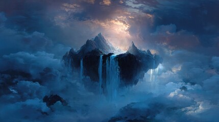 Floating Mountain with Cascading Waterfalls in Dramatic Sky