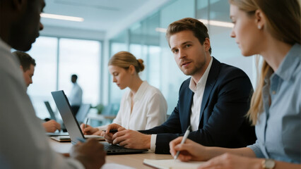 Business professionals collaborating in a modern office meeting