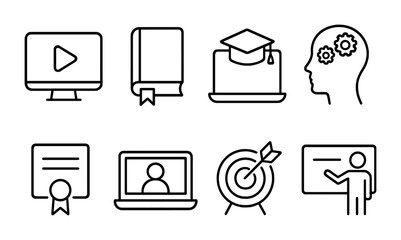 Online Development Icons. Outline icon set of online professional development: course, book, laptop, skills,