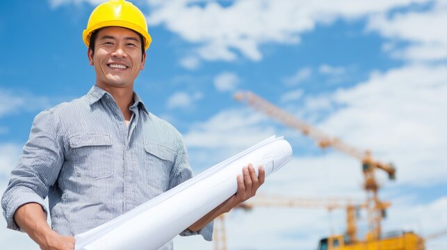 Cheerful male architect in helmet holds blueprint on construction site with cranes and blue sky in the background