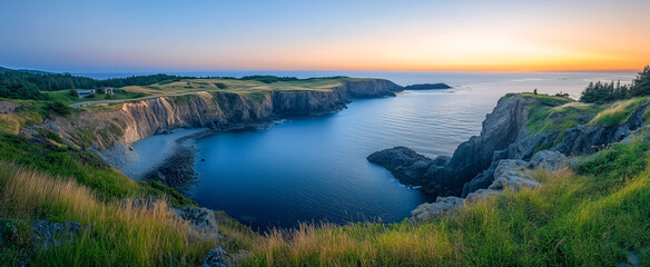 Fototapeta premium Scenic coastal view at sunset with cliffs and ocean waves