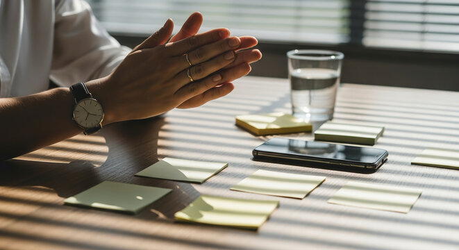 A person's hands during a strategic planning session for future jobs and careers, with sticky notes and a smartphone on the desk.