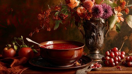 Fototapeta premium Autumnal red soup still life display