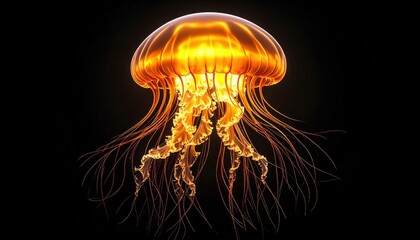 Glowing Orange Jellyfish On Black Background