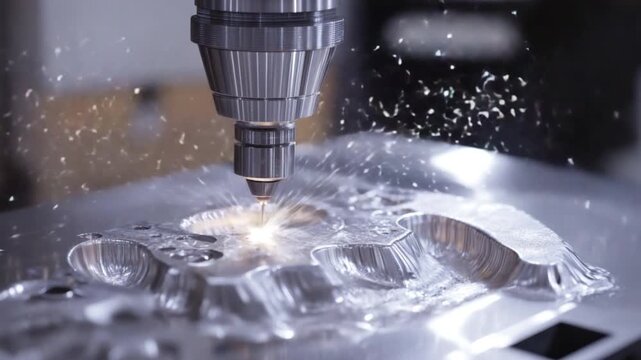 Precision Metal Machining Process with CNC Machine and Spark Production in Industrial Workshop Setting 4k video footage
