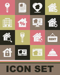 Set Hotel service bell, Hanging sign with Rent, House wrong mark, heart shape, percant discount, key and Online real estate house icon. Vector
