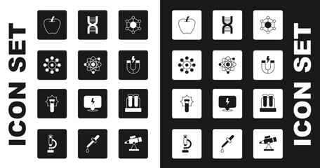 Set Molecule, Atom, Virus, Apple, Magnet, DNA symbol, Test tube and Explosion in the flask icon. Vector