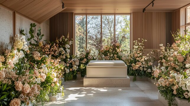 Elegant funeral setting with white coffin, floral arrangements, and natural light