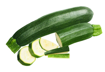 fresh zucchini on transparent background, whole and sliced