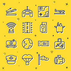 Set line Jet engine turbine, Suitcase, Trolley for food, World travel map, Airport runway, Router and wi-fi signal, Plane takeoff and Passport with ticket icon. Vector