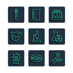 Set line Chemical explosion, Petri dish with bacteria, Test tube and flask, Microscope, and radiation icon. Vector