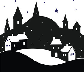 Winter village silhouette isolated on white background
