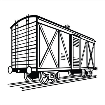 A detailed line drawing of a vintage boxcar train car in a silhouette style