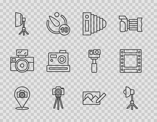 Set line Photo camera, Softbox light, retouching and Camera roll cartridge icon. Vector