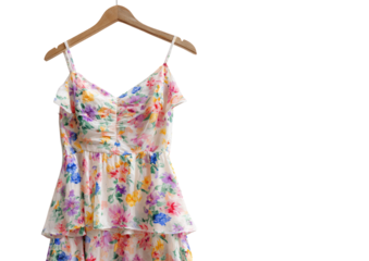 A tiered, floral sundress hangs on a wooden hanger.  Colorful blossoms on a white background.  Soft, gathered bodice