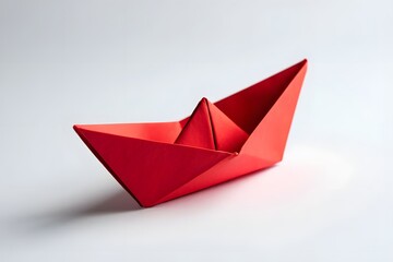 Obraz premium Red Paper Boat - Origami Craft on White Background