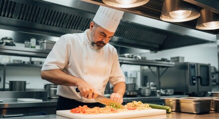 A chef in a professional kitchen, preparing food with a knife.