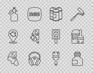Set line Car painting, Paint, gouache, jar, dye, spray can, Gas mask, gun, brush and bucket with icon. Vector