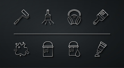 Set line Paint roller brush, spray, bucket, Tube with paint palette and Gas mask icon. Vector
