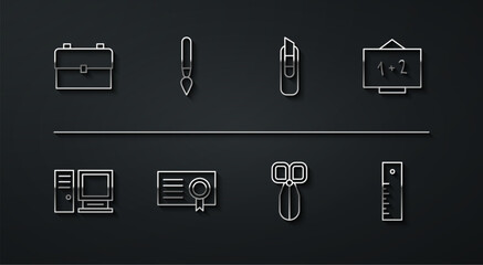 Set line School backpack, Computer monitor, Chalkboard, Scissors, Certificate template, Paint brush, Ruler and Stationery knife icon. Vector