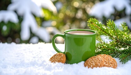 Hot drink on snowy landscape