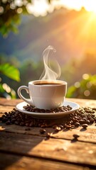 Hot coffee, sunlit morning