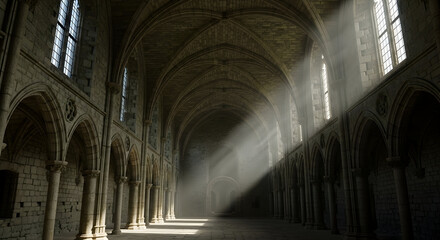 Sunlight streaming through ancient cathedral interior