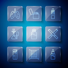 Set line Lighter, Cigar, Vape liquid bottle, mod device, Hookah, Lungs and Cigarette icon. Vector