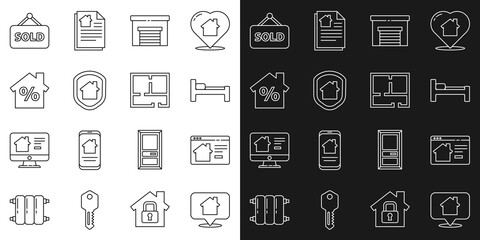 Set line Location with house, Online real estate, Bed, Garage, House under protection, percant discount, Hanging sign text Sold and plan icon. Vector