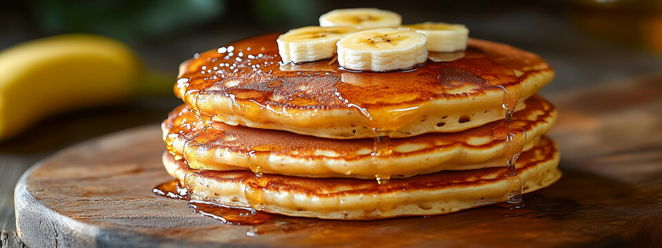 Delicious pancakes topped with bananas and maple syrup drizzle