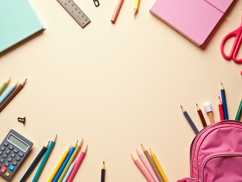 Composici&oacute;n de &uacute;tiles escolares coloridos sobre fondo crema minimalista para concepto educativo y creativo
