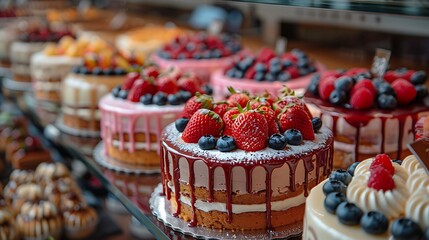 Indulge in decadent berry-topped cakes, a delightful display of sweet artistry