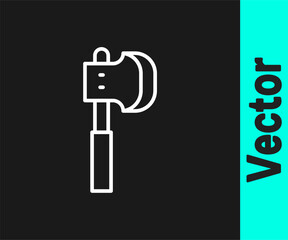 White line Wooden axe icon isolated on black background. Lumberjack axe. Vector